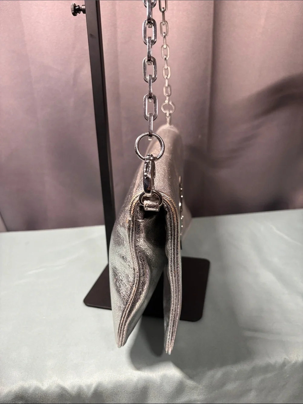 Tory Burch Reva Metallic Silver Crackled Leather Chain Clutch Shoulder Bag